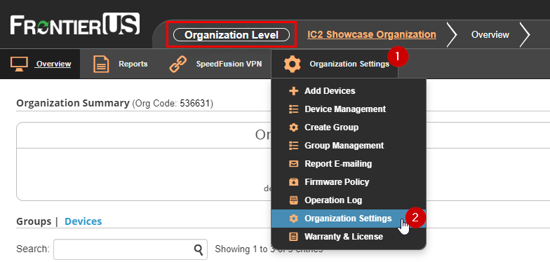 FrontierUS Peplink InControl2 Organization level Organization Settings