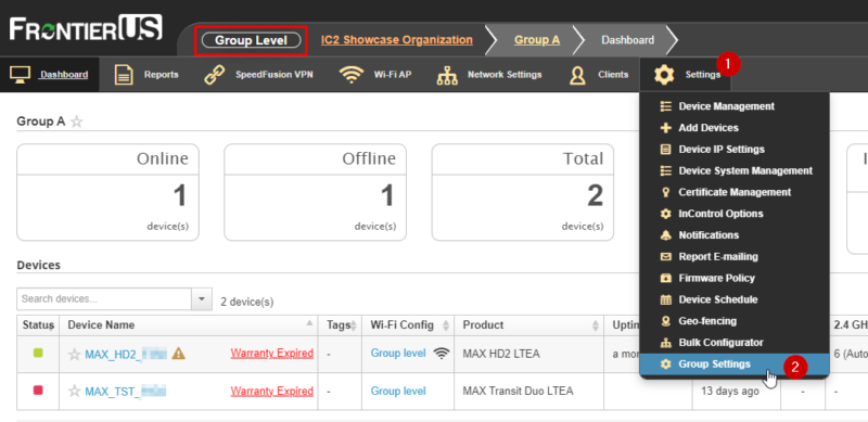 FrontierUS Peplink InControl 2 IC2 Group level Group settings